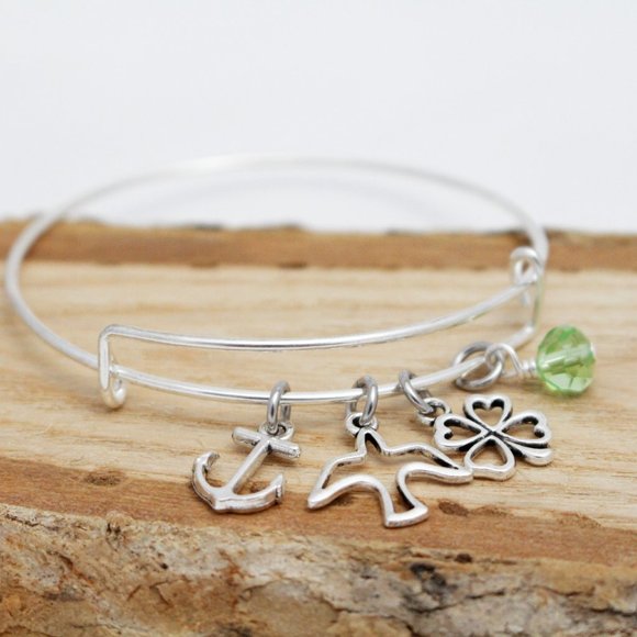 Anchor, Dove & Four Leaf Clover Adjustable Charm Bangle - Handcrafted - Picture 3 of 4